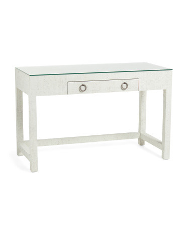 48x30.75 Woven Raffia Desk With Glass Table Top | TJ Maxx