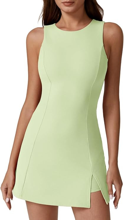 QINSEN Womens Crew Neck Tennis Dress Sleeveless Side Slit Golf Athletic Dress Build in Shorts wit... | Amazon (US)
