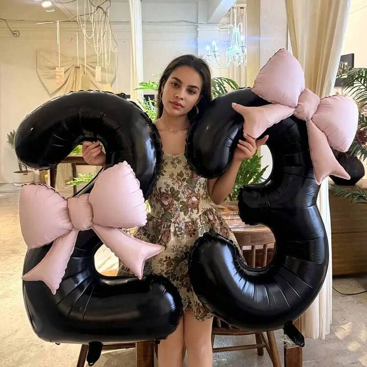 2pcs/Set 40-Inch Black Number Shaped Foil Balloons With Pink Matte Bow Decor, Suitable For Birthday Party, Wedding, Outdoor Event, Anniversary, Holiday, Thanksgiving, Harvest Season, Valentine's Day, Christmas, Party Celebration Atmosphere And Backdrop Decoration | SHEIN