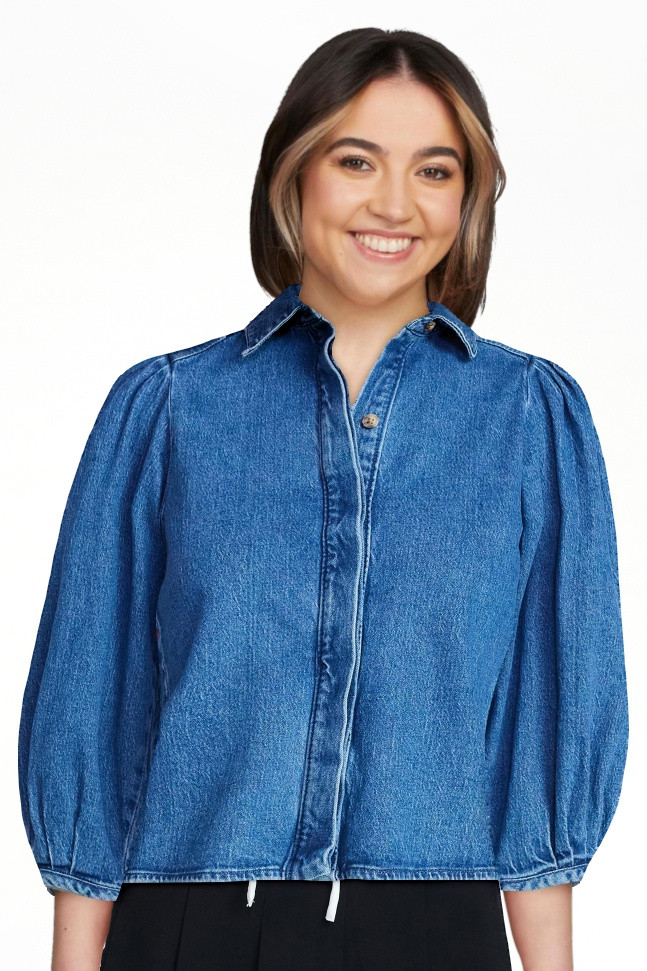 Scoop Women’s Denim Shirt with 3/4 Length Puff Sleeves, Sizes XS-XXL | Walmart (US)