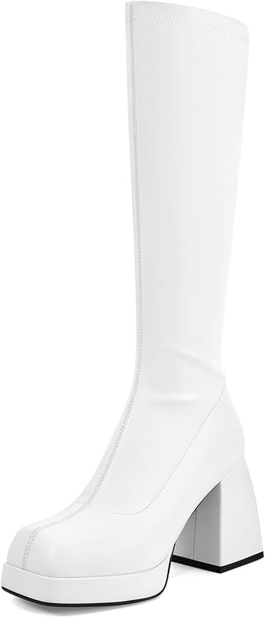 SOVANYOU Black Leather Boots Platform Boots for Women Square Toe Chunky Block Heeled Boots | Amazon (US)