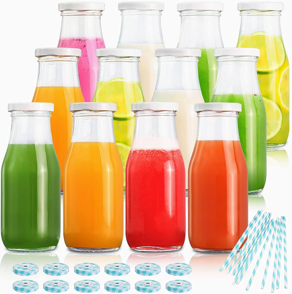 YEBODA 11oz Glass Milk Bottles with Reusable Metal Twist Lids and Straws for Beverage Glassware a... | Amazon (US)