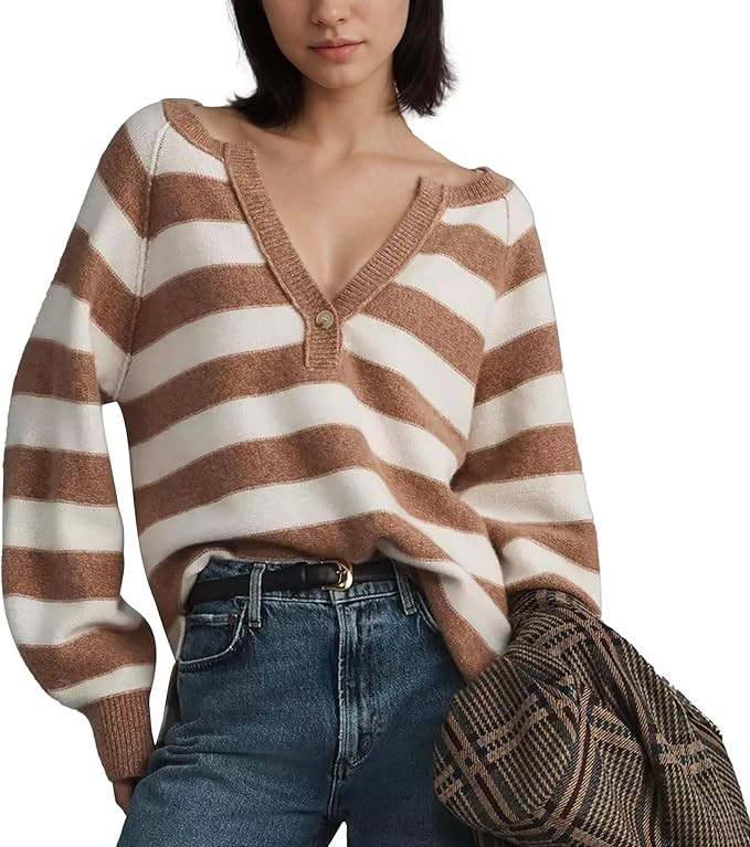 Hixiaohe Womens Striped Henley Sweaters Loose V Neck Cashmere Sweater Fall Trendy Outfits Casual ... | Amazon (US)