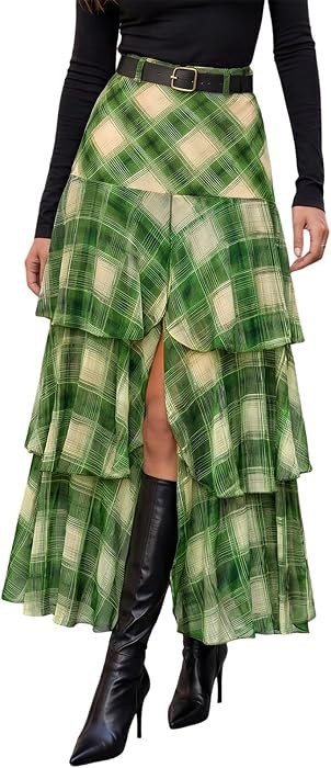 Wenrine Womens Mesh Maxi Skirt Polka Dot Front Split Tiered Plaid Skirts | Amazon (US)