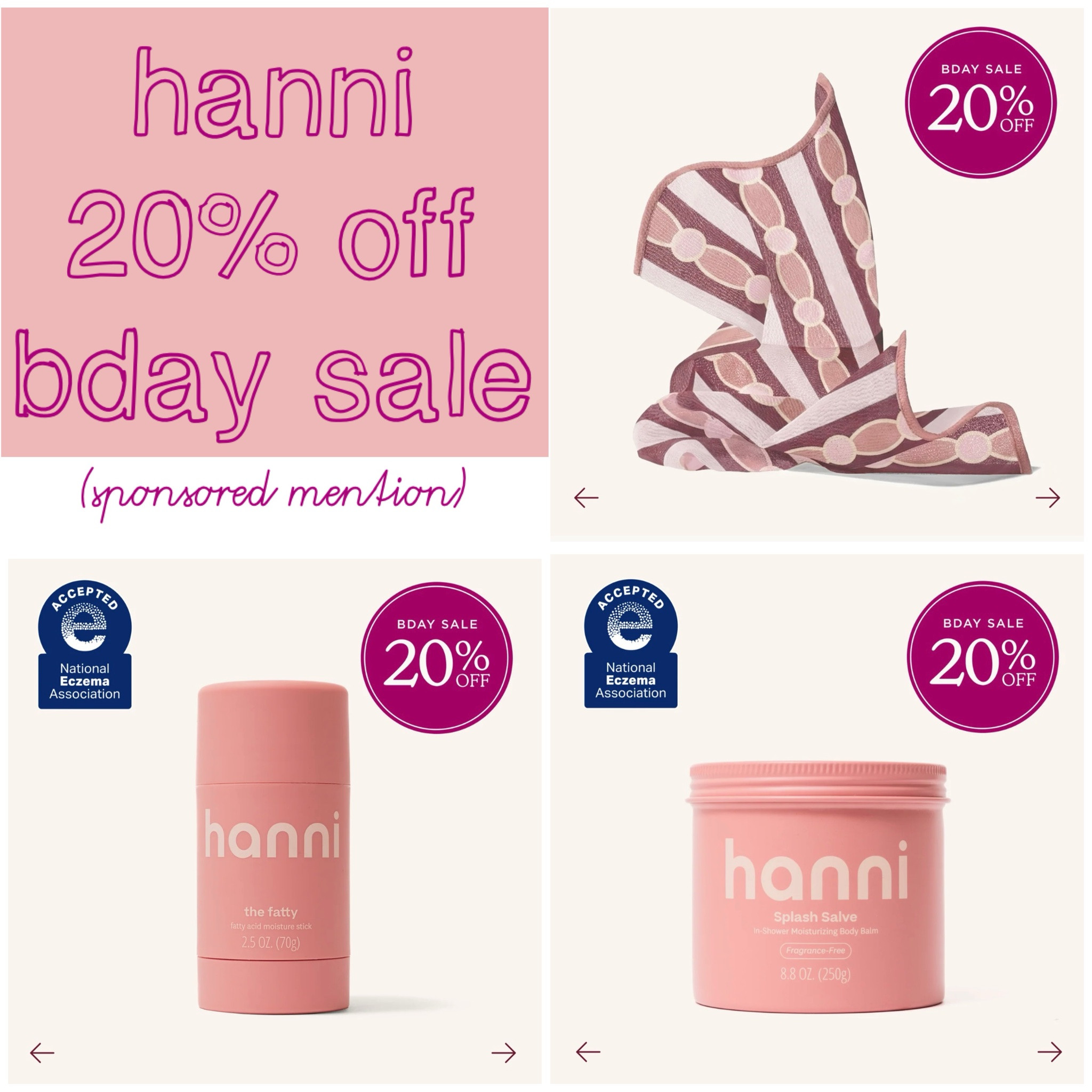 Hanni 20% Off Sitewide Birthday Sale:
- I truly love their exfoliating shower scarf. It gets everything off (even week-old spray tan), and it’s machine washable.
- I also love their certified eczema-safe products, especially their in-shower fragrance-free balm and their fragrance-free balm stick, which has become a travel essential for us. Rebecca has terrible eczema, and these two products in particular have been game-changers for her.

#LTKSaleAlert #LTKselfcare #LTKmomlife