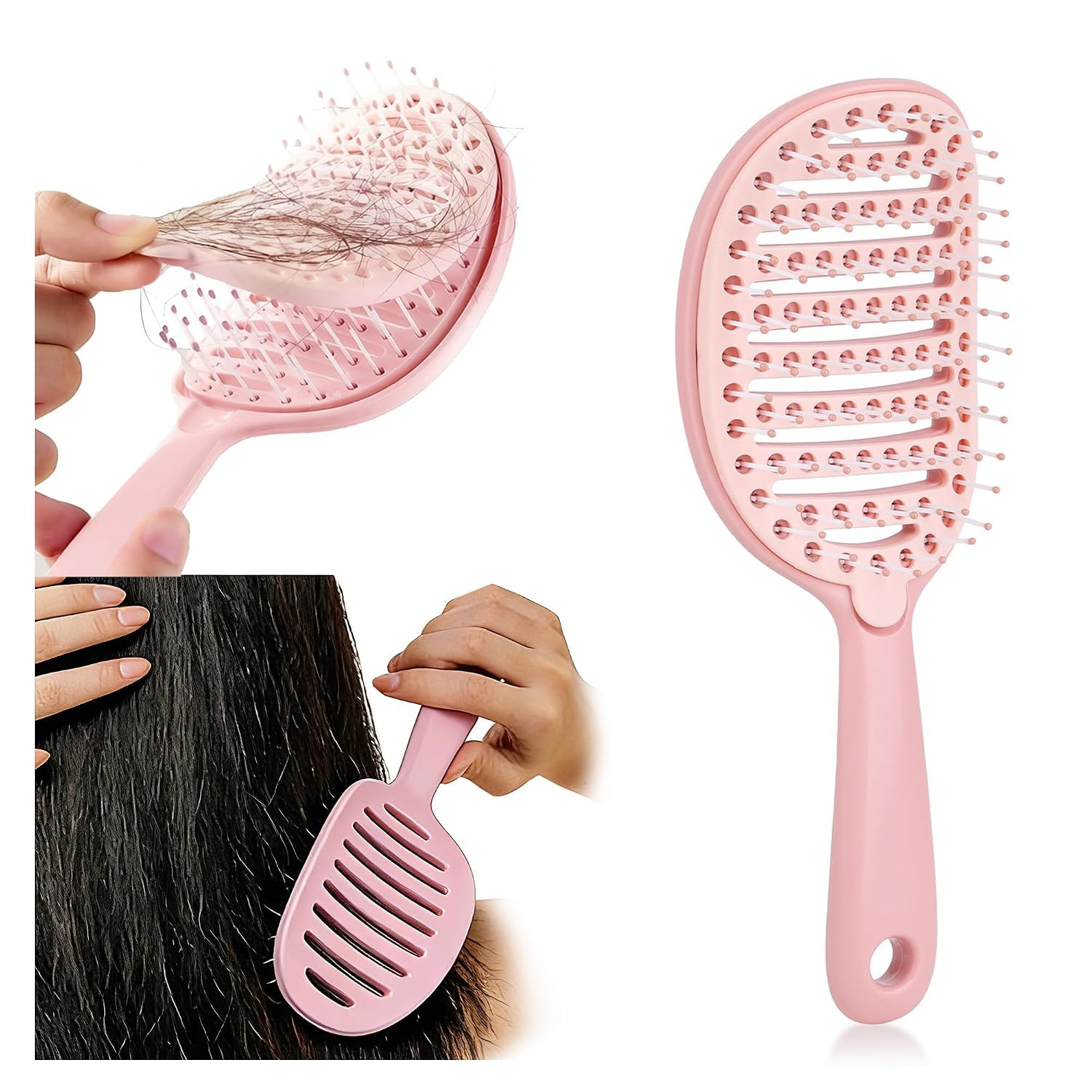 Self Cleaning Hair Brush, Curved Vented Detangler Brush for Faster Blow Drying, Anti-Breakage Wet & Dry Hair Brush for Women Men Kids, All Hair Types, Pink | Amazon (US)
