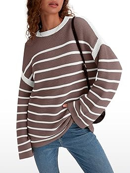 LILLUSORY Womens Striped Oversized Sweaters Crew Neck Pullover Loose Ribbed Knit Sweater Jumper T... | Amazon (US)