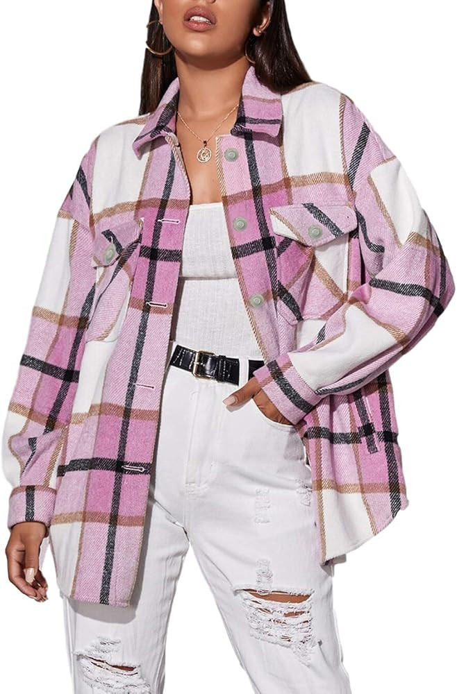 Springrain Women's Casual Wool Blend Plaid Button Down Long Sleeve Shacket Jacket Coat | Amazon (US)