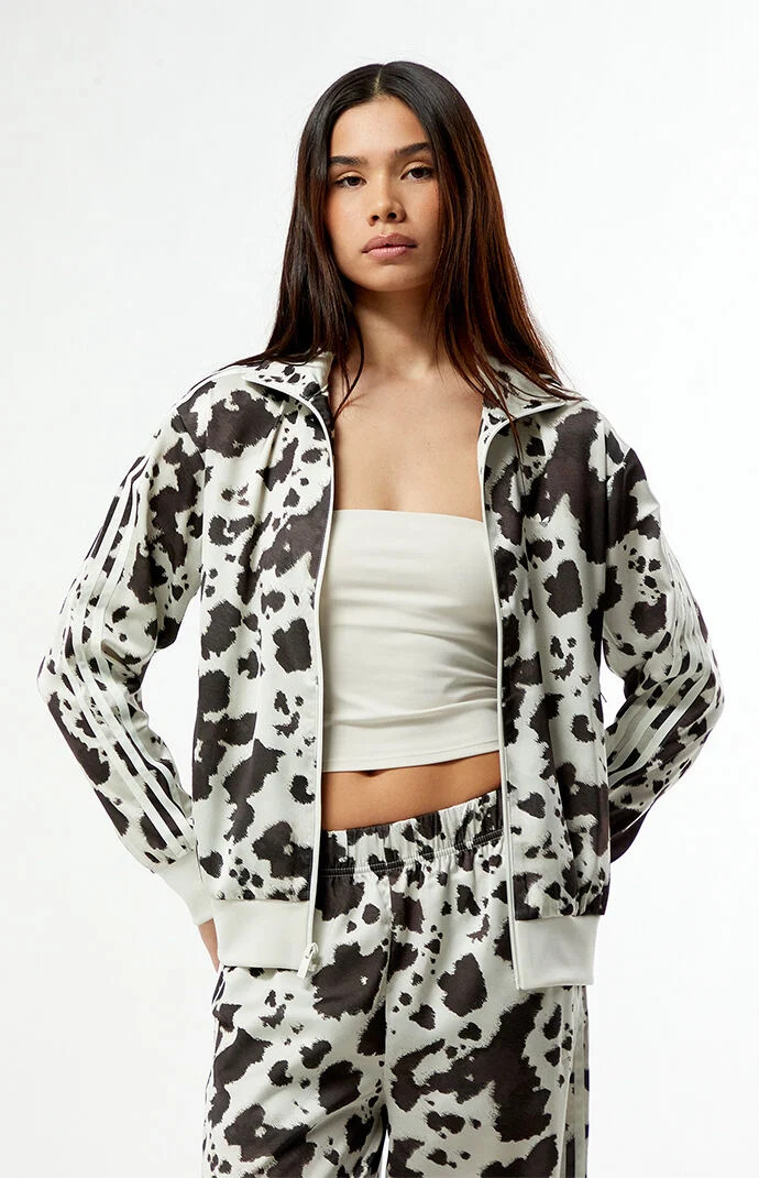 Adidas Women's Cow Print Satin Firebird Track Jacket in Animal Print - Size Medium | PacSun