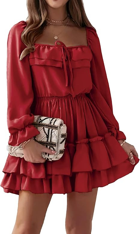 KIRUNDO Women’s Dresses 2022 Fall Long Flounce Sleeve Square Neck High Waist Ruffle Layered A L... | Amazon (US)