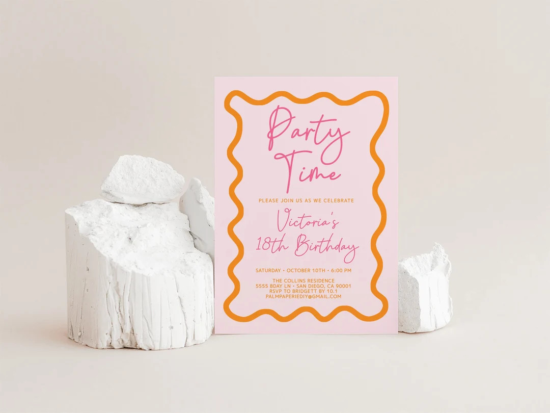 Wavey Birthday Invitation Template, Retro Invite, Modern Wavy Squiggle, Pink Orange, Adult Teen B... | Etsy (US)