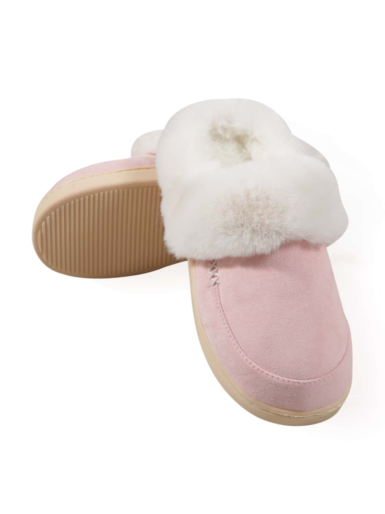 Women's Pink Fashion Spliced Solid Color Bedroom Slippers With Faux Suede Fluffy Slippers | SHEIN... | SHEIN