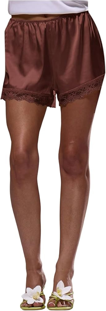 Women's Lace Trim Satin Shorts Shiny Elastic Waist Mini Shorts French Knickers | Amazon (US)