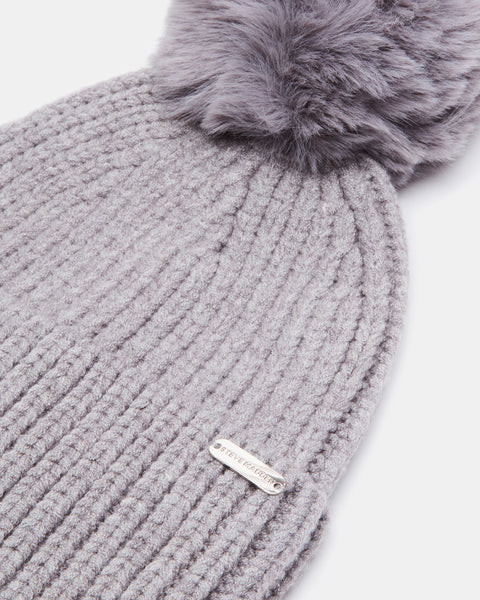 WIDE CUFF FAUX FUR POM BEANIE GREY | Steve Madden (US)
