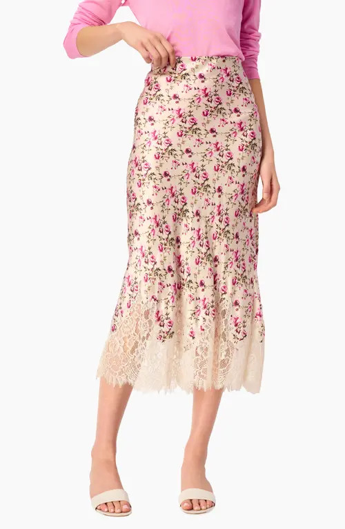 CAMI NYC Vivienne Floral Lace Panel Stretch Silk Midi Skirt in Camellia Ditsy at Nordstrom, Size Large | Nordstrom