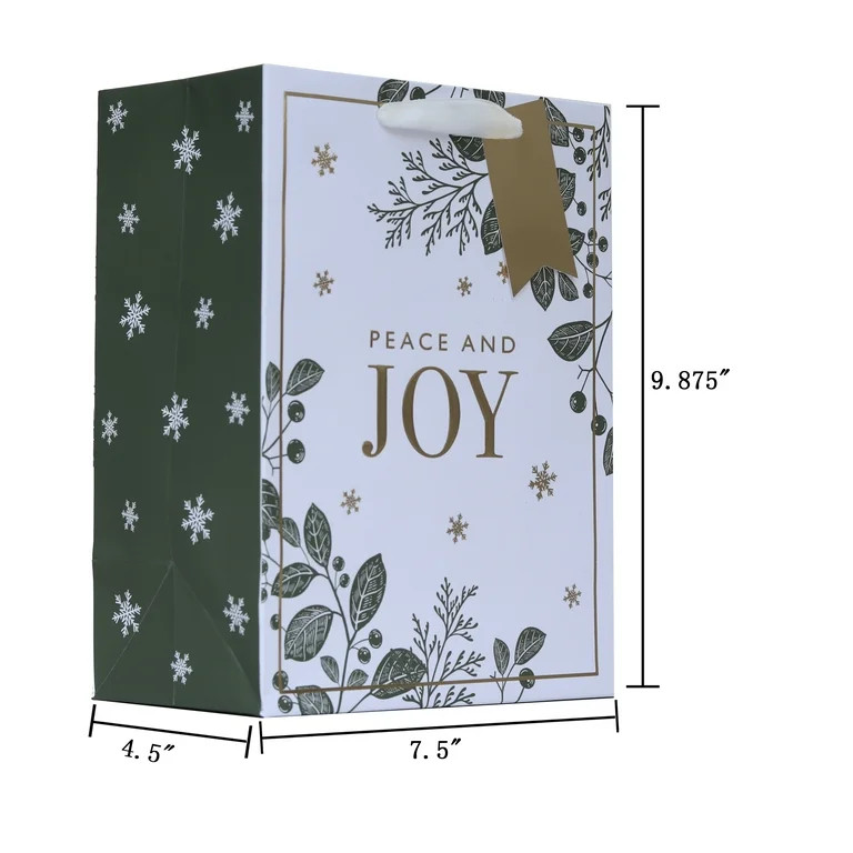 Medium Green, White, and Gold Peace and Joy Christmas Paper Gift Bag, 7.5" x 4.5" x 9.87", by My ... | Walmart (US)