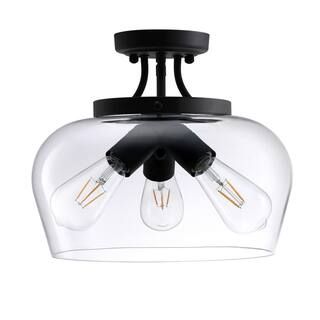 Merra 14 in. 3-Light Matte Black Semi-Flush Mount with Clear Glass Shade-HCF-2806-00-BNHD-1 - The... | The Home Depot
