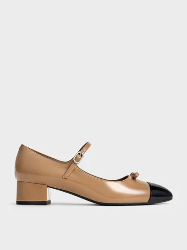 Caramel Patent Bow Cap-Toe Mary Jane Pumps | CHARLES & KEITH | Charles & Keith EU