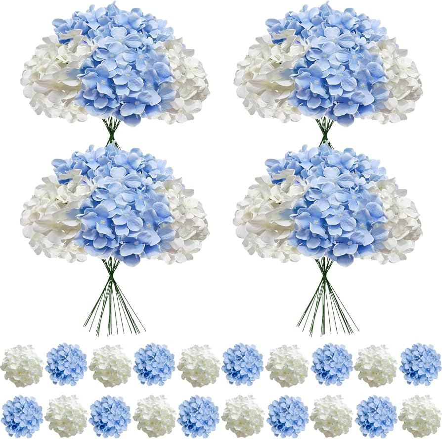 100 Pcs Faux White Blue Hydrangea Artificial Flowers Bulk, Fake Silk Hydrangea Flowers Heads with... | Amazon (US)