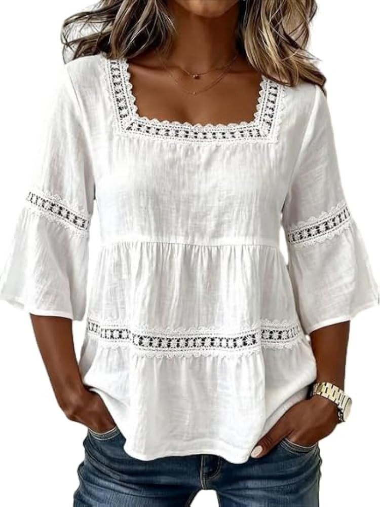 Women's Bohemian Peplum Top Lace Trim Square Neck Bell 3/4 Sleeves Loose Fit Summer Casual Blouse | Amazon (US)