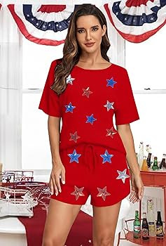 VILOVE 4th of July 2 Piece Sequin Outfits Women 250 Anniversary Usa Shirts and Short Sets Casual ... | Amazon (US)