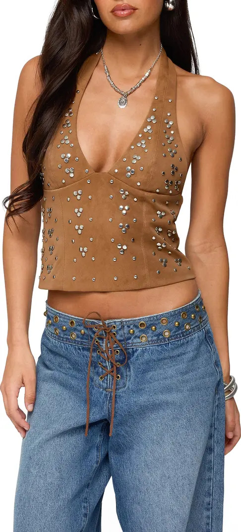 Xaria Studded Faux Suede Halter Top | Nordstrom