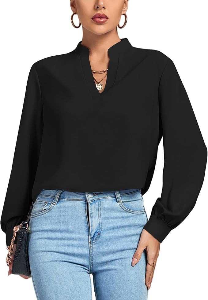 LYANER Women's V Neck Shirred Long Sleeve Office Elegant Tunic Blouse Top | Amazon (US)