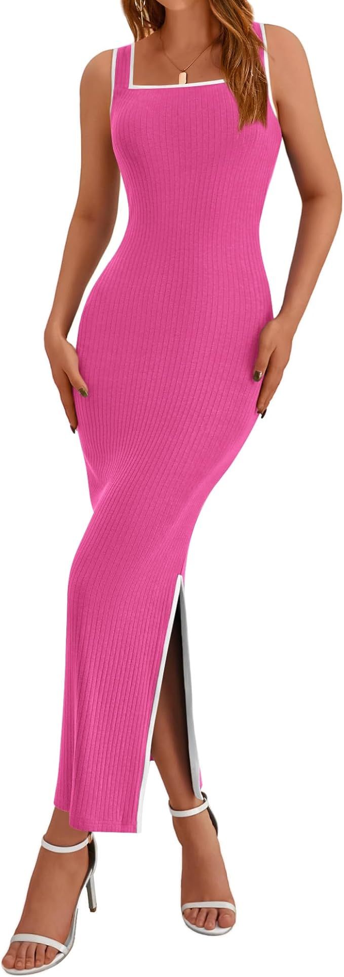 BTFBM Women's 2024 Summer Knit Bodycon Maxi Dress Sleeveless Square Neck Slit Tank Party Club Rib... | Amazon (US)