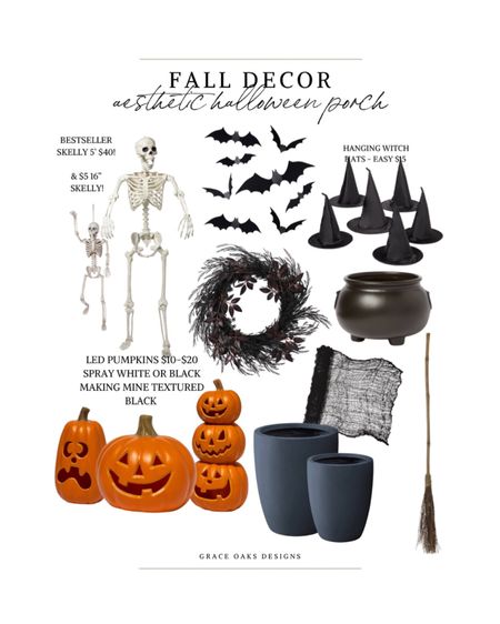 my aesthetic affordable halloween porch decor - hanging witch hats, bats, skelly + these LED pumpkins giving a makeover. spraying them black & textured to look like the out of stock black pottery barn pumpkins!

#LTKSeasonal #LTKhome #LTKfindsunder50