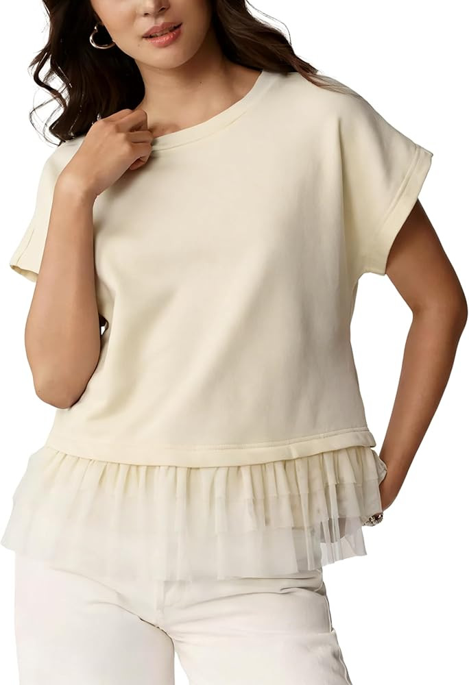 SKIKYAN Women's Short Sleeve Top Crew Neck Mesh Ruffle Trim Hem T Shirts Loose Fit Casual Blouse ... | Amazon (US)