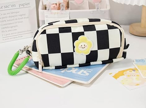 Kawaii Pencil Pouch Aesthetic Checker Canvas Pencil Case Organizer Large Capacity Fashion Stationary | Amazon (US)