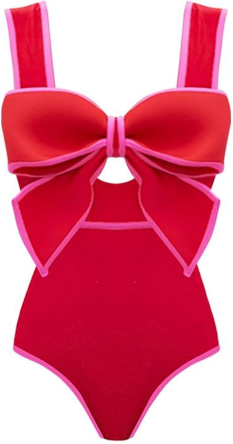 FLAXMAKER Bow Front Cut Out Color Block One Piece Swimsuit and Skirt | Amazon (US)