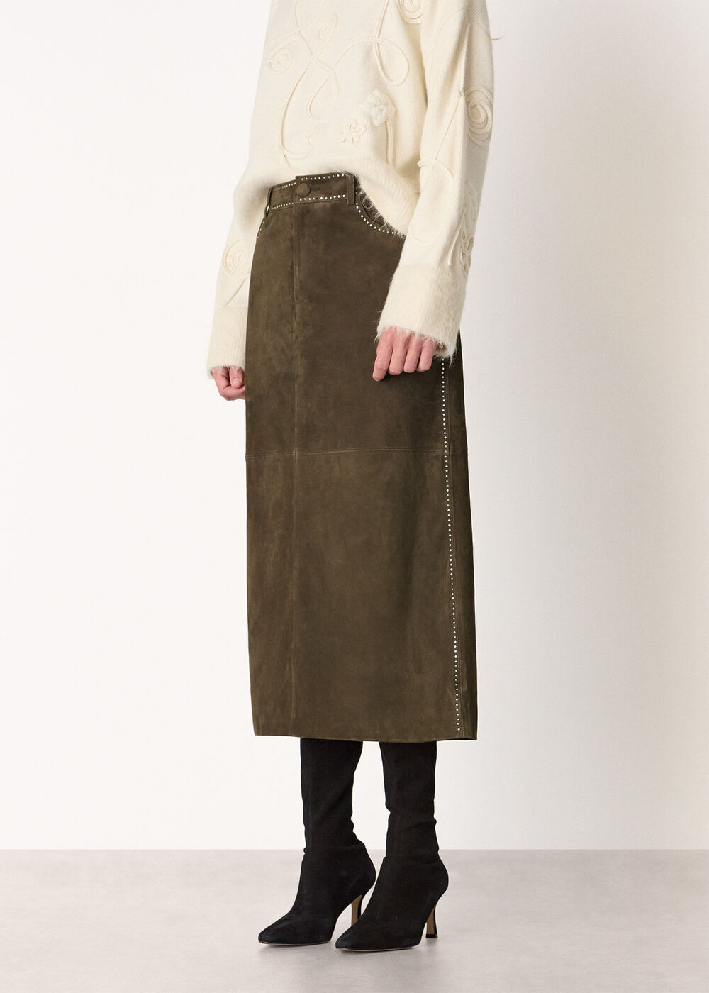 Olive Suede Studded Column Skirt | WHISTLES | Whistles UK | | Whistles