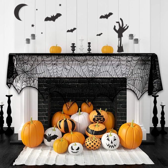 Halloween Fireplace Decoration Festive Party Supplies Lace Spiderweb Fireplace Mantle Scarf Cover... | Amazon (US)