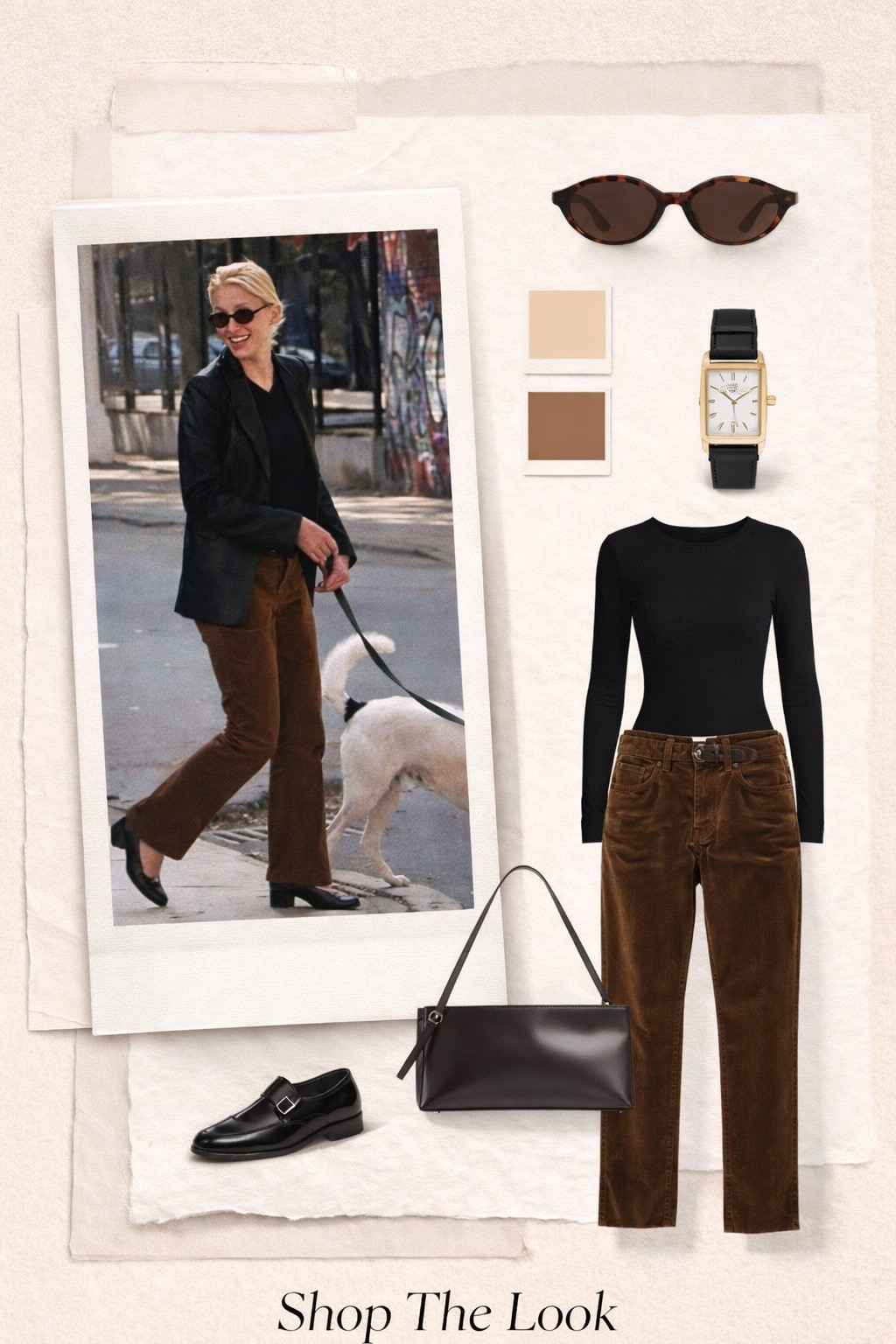 Chocolate brown corduroy trousers paired with a fitted black knit is the quiet-luxury formula that never stops working. The proportions are clean, the color story is tonal, and the accessories do all the elevating — slim tortoiseshell sunglasses, a classic gold tank watch, structured shoulder bag, and polished black loafers.

This is that effortless Carolyn Bessette-Kennedy street style we always come back to
minimal
tailored
repeat-worthy
and impossibly chic.

These are forever pieces you can mix through your entire wardrobe — from denim to tailoring — and the deep brown + black combination makes everything look instantly more expensive.

Shop my edit of the best brown corduroy pants, fitted black long sleeve tops, classic black loafers, vintage-inspired gold watches, slim 90s sunglasses, and structured shoulder bags to recreate the look.