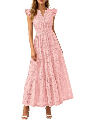 PRETTYGARDEN Womens Boho Maxi Dresses 2026 Summer Floral Lace Eyelet V Neck Spring Wedding Guest ... | Amazon (US)