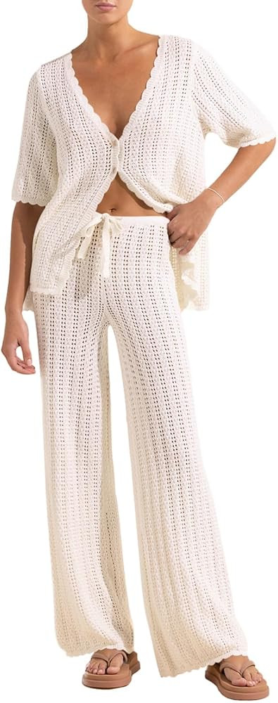 Melliflo Women's 2 Piece Outfits Sexy Hollow Out Swimsuit Cover Up Crochet Knit Top Drawstring Pa... | Amazon (US)