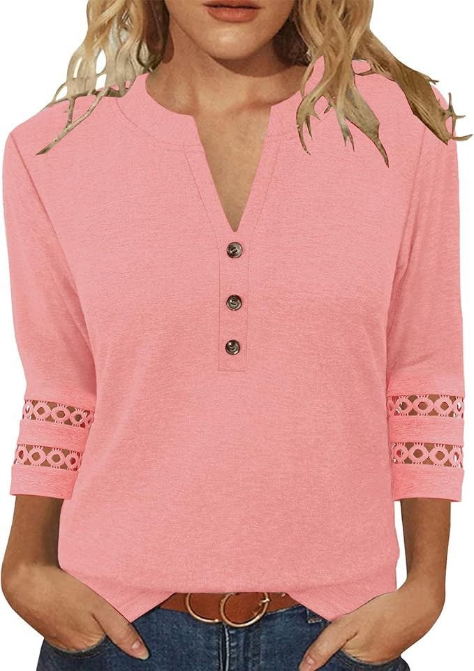 JomeDesign Womens Tops V Neck 3/4 Length Sleeve Shirts Dressy Casual Tunic Blouses Summer Tees | Amazon (US)
