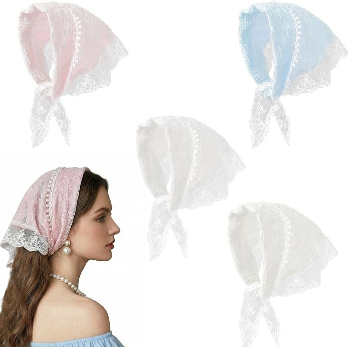 4 PCS Hair Scarf,White Blue Pink Beige Lace Hair Bandana Scarf for Women Hair Styling,Spring Summ... | Amazon (US)