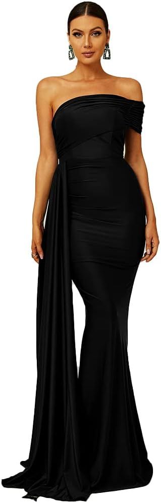 Miss ord Women’s Formal One Shoulder Mermaid Floor-Length Dress, Bodycon Ruched Draped Side Eve... | Amazon (US)