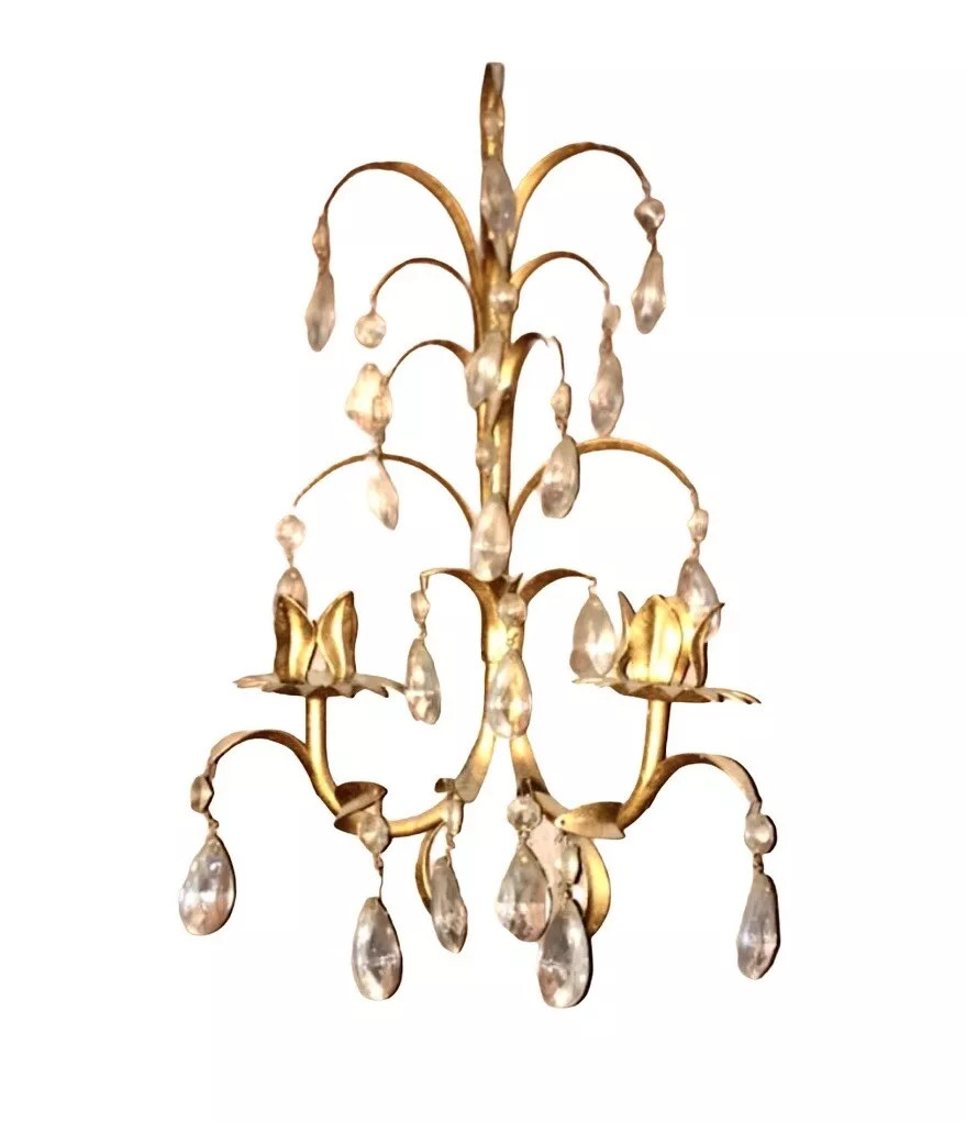 Vintage Italian Gilt Tole &amp; Crystals Candelabra Sconce ~ Two-light ~ Mid Century  | eBay | eBay US