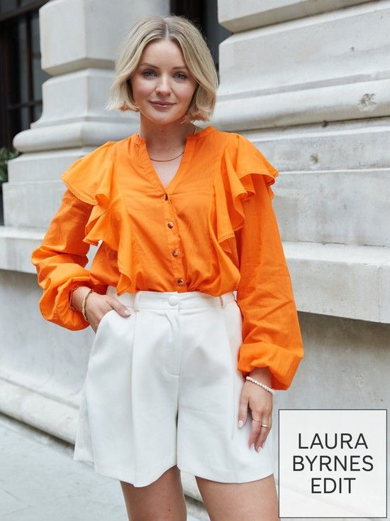 X Laura Byrnes Frill Long Sleeve Blouse - Orange | Very (UK)