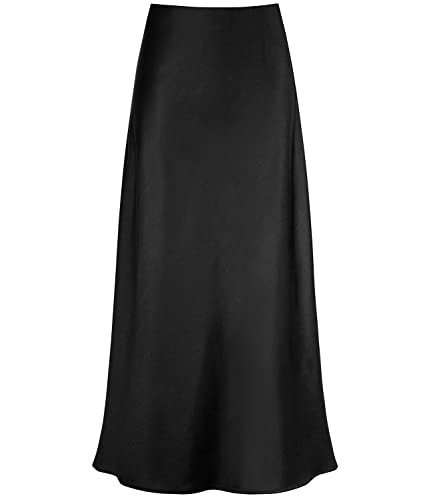 Outoshe Women's Satin High Waisted Maxi Skirts Hidden Elasticized Waistband A Line Long Skirt (Black, X-Large) | Amazon (US)