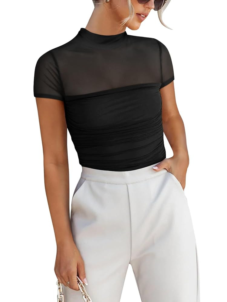 ANRABESS Womens Summer Sexy Mock Turtle Neck Short Sleeve Tops Sheer Mesh Shirts Slim Blouse Tren... | Amazon (US)