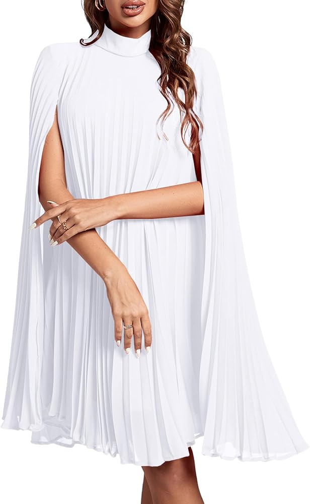 Rooscier Women's Mock Neck Cloak Sleeve Pleated Keyhole Back Flowy Party Midi Dress | Amazon (US)