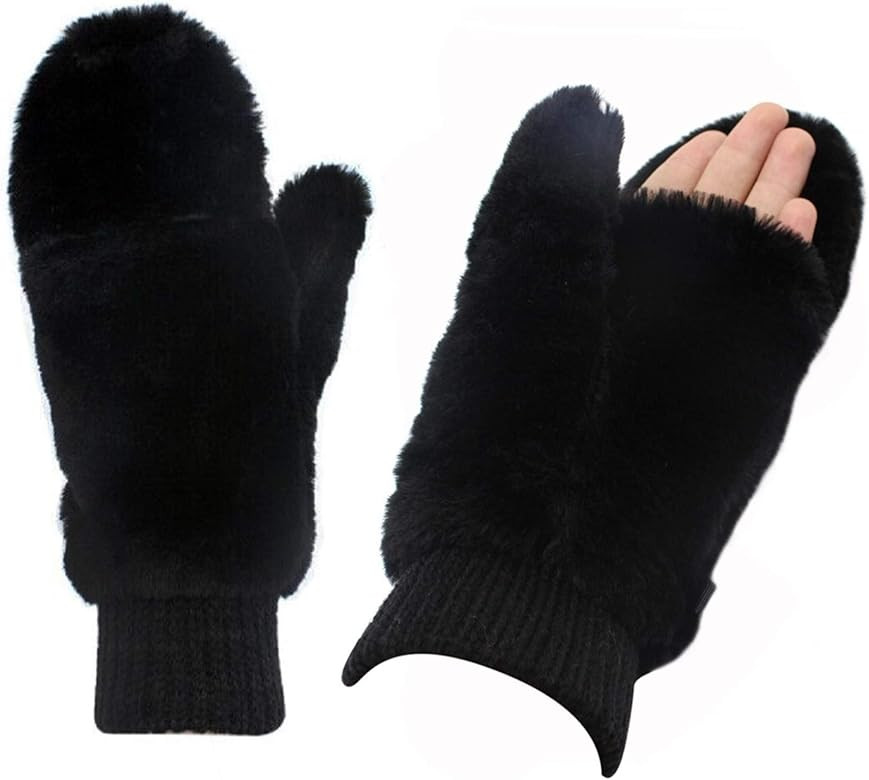 JUMISEE Women Winter Faux Fur Flip Cover Mittens Warm Soft Half Finger Fingerless Gloves | Amazon (US)