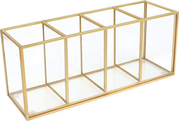 Pencil Holder for Desk,Tempered Glass Pen Holder,3&4 Compartments,Desktop Storage Organizer for O... | Amazon (US)