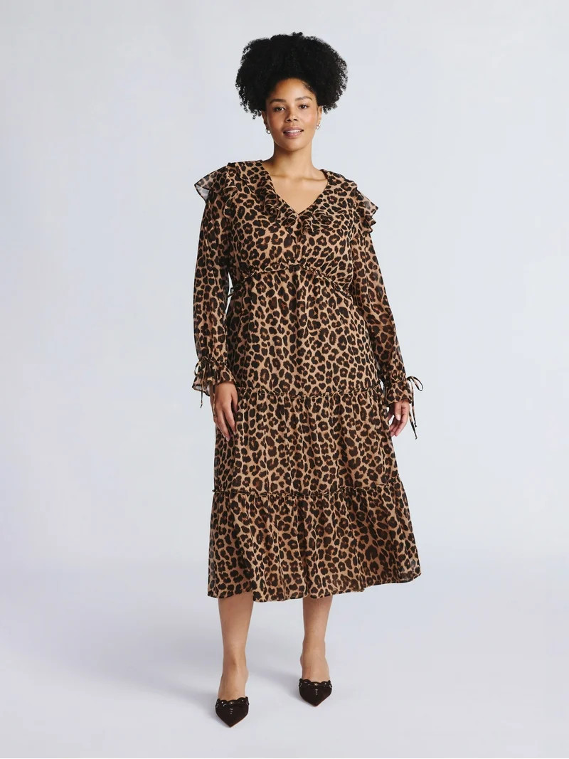 Time and Tru Women's and Women's Plus Ruffle Tiered Midi Dress with Long Sleeves, Sizes XS-4X | Walmart (US)