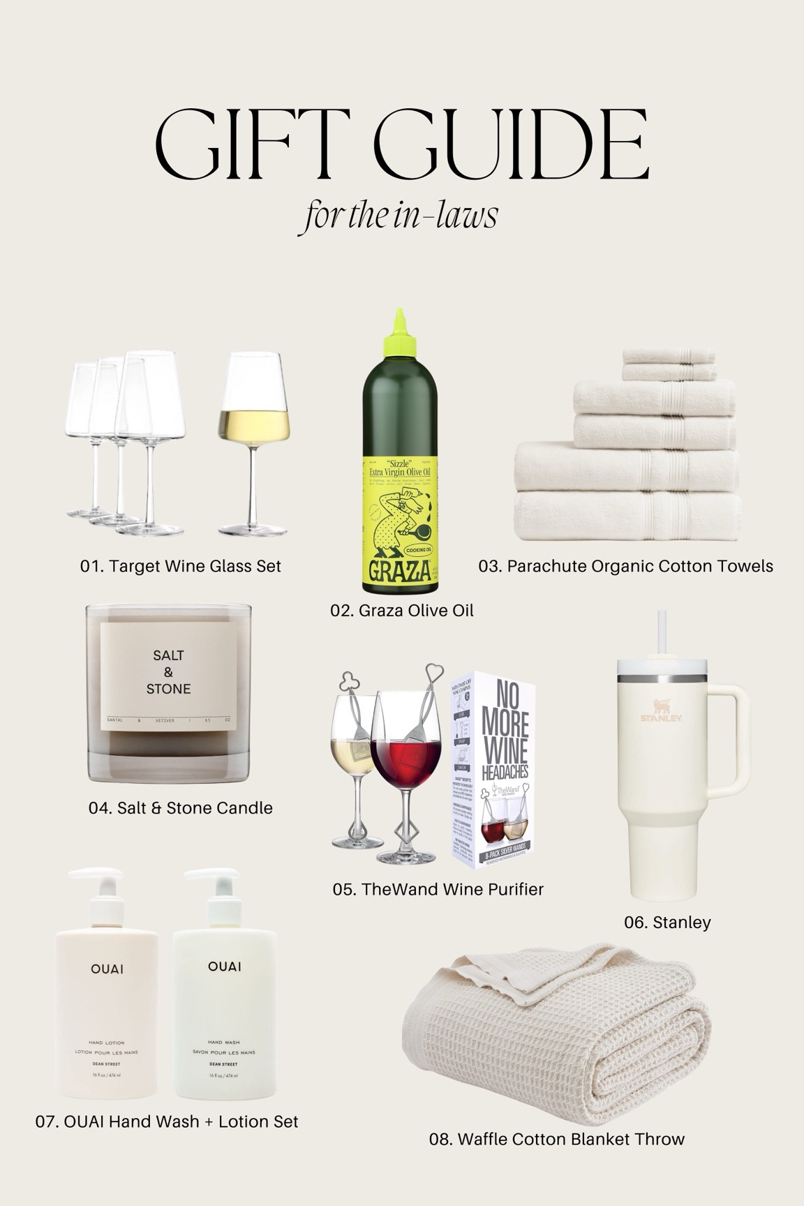 This gift guide is packed with the perfect gifts for your in-laws, extended family, mother in law, or sister in law. Shop best rated top rated olive oil, wine glass set of 4, organic cotton towels, luxury candles, Stanley cups, wine accessories and more  

#LTKHoliday #LTKSeasonal #LTKGiftGuide
