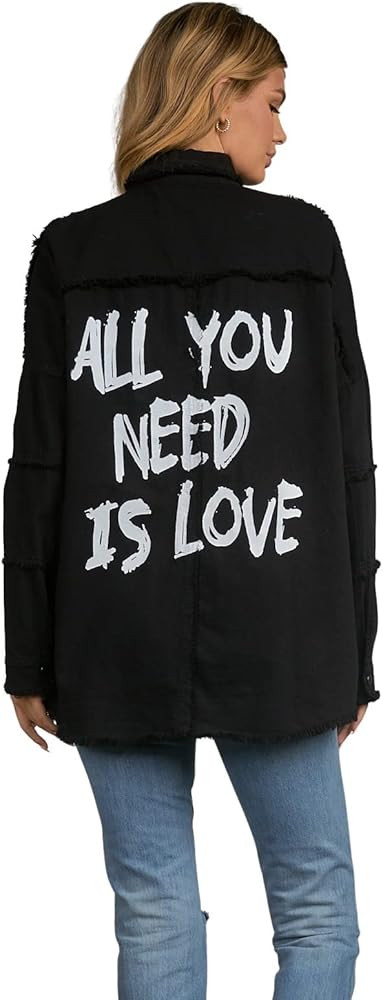 ELAN Women's All You Need Is Love Distressed Shirt Jacket | Amazon (US)